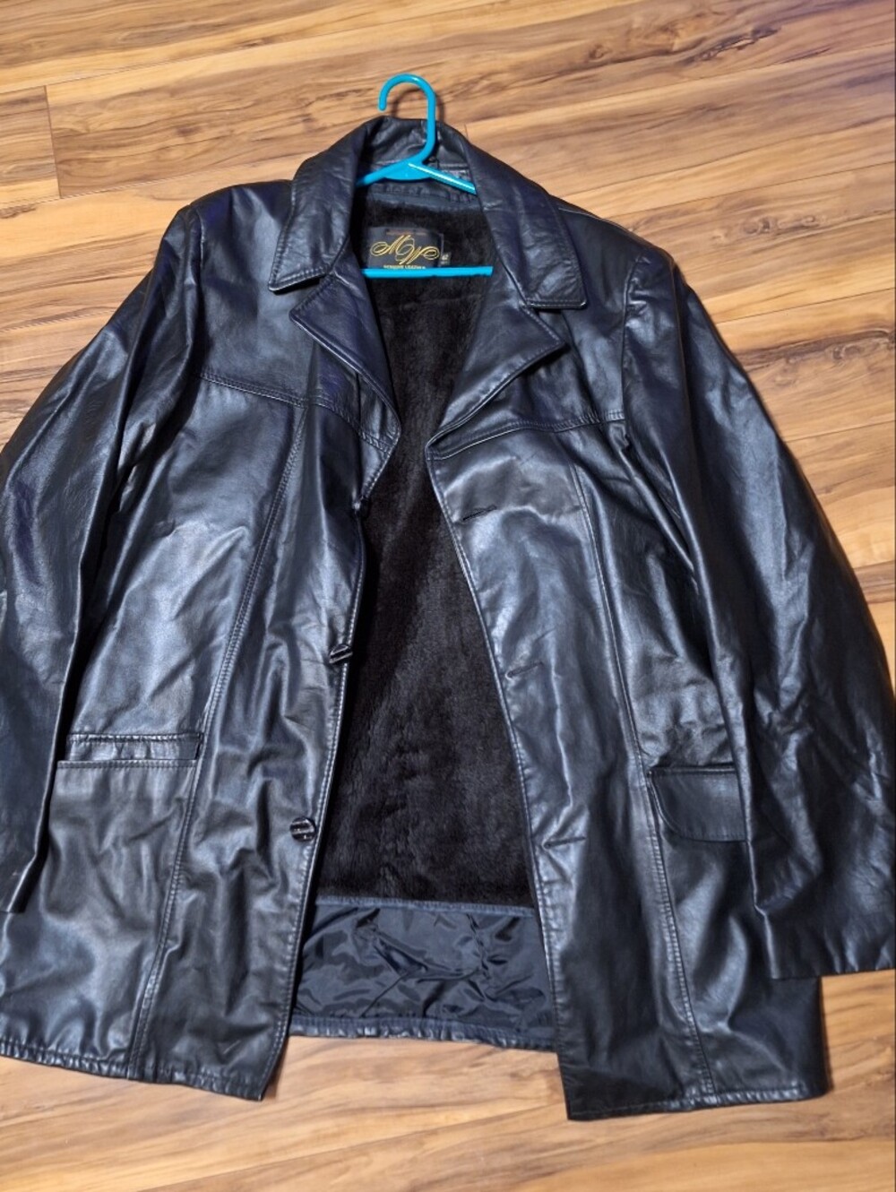 Montgomery Ward Black Genuine Leather Jacket Faux Fur Liner LargeTall